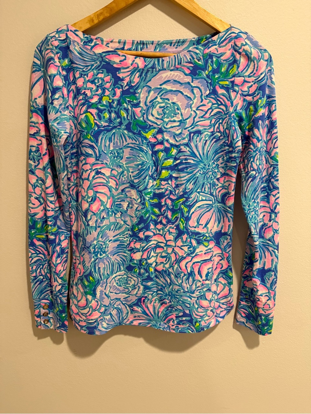 Lilly Pulitzer Preppy Palm Beach Floral Boat Neck Long Sleeve Top Blue Pink S